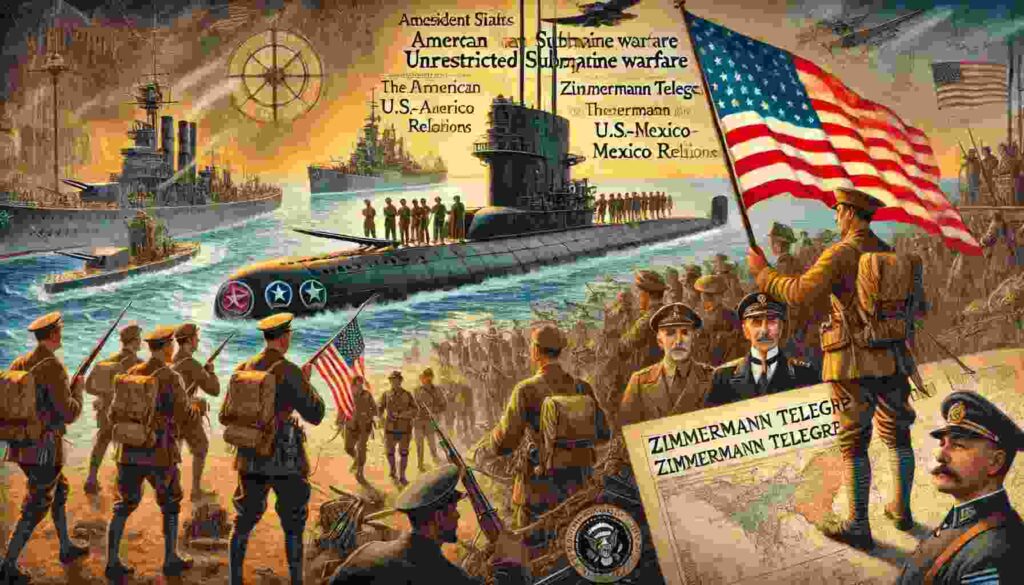 Here is the illustration representing the United States' role in World War 1, including key elements such as American soldiers ("doughboys"), a German U-boat symbolizing unrestricted submarine warfare, and the Zimmermann Telegram.