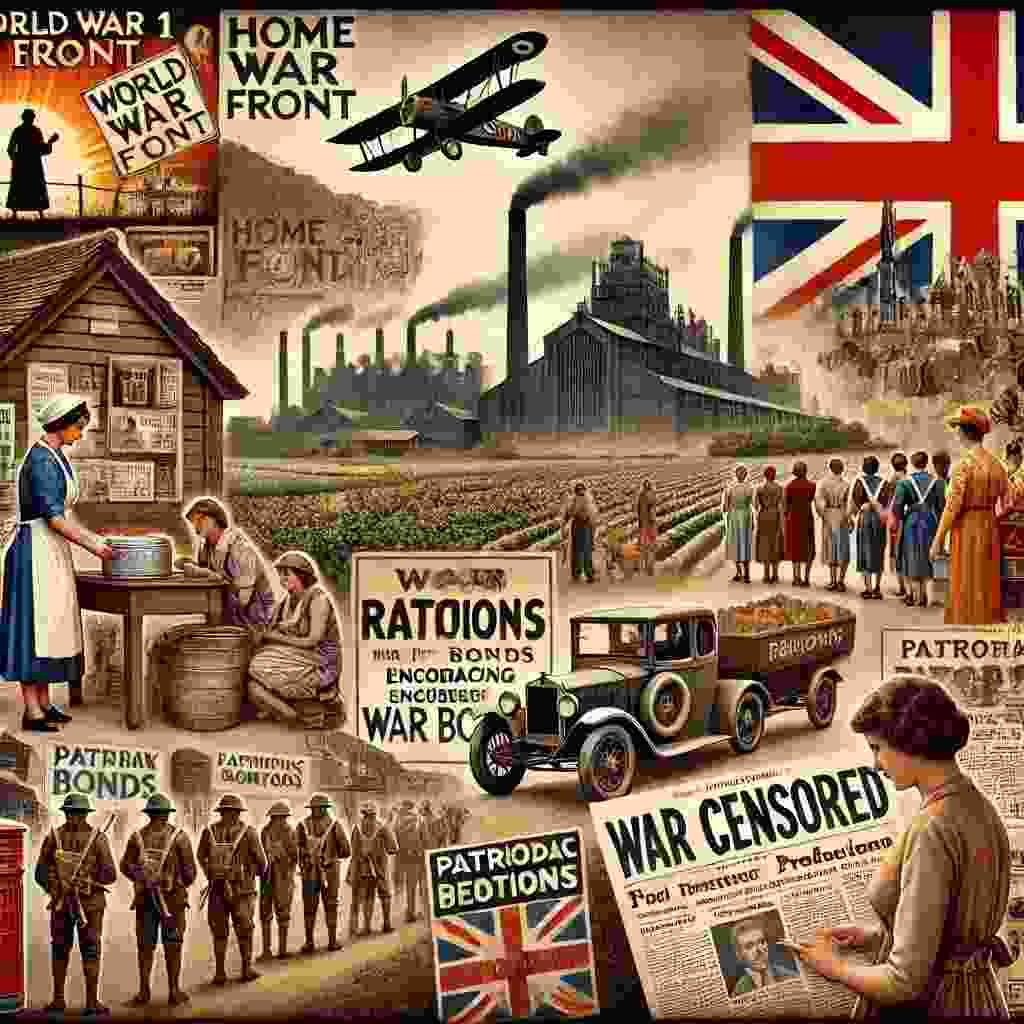 Here's an artistic representation of the home front and social changes during World War 1. It captures elements like women working in factories, propaganda posters, rationing, and industrial production, reflecting the era's challenges and transformations.