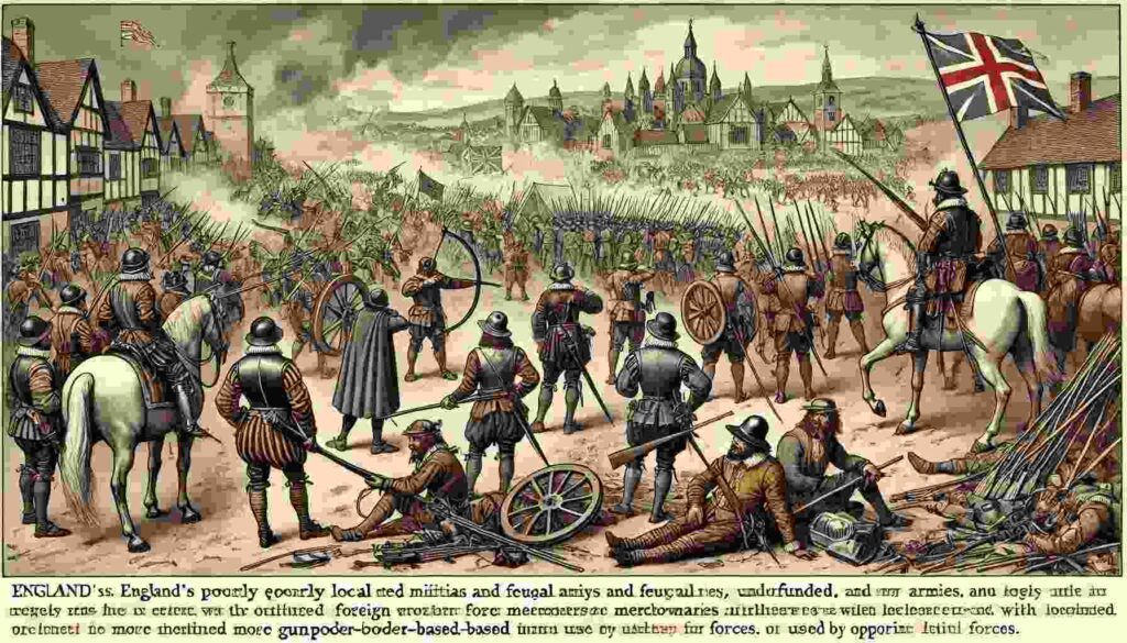 Here is the image depicting England's military challenges before 1660, showcasing disorganized militias, foreign mercenaries, and the technological gap