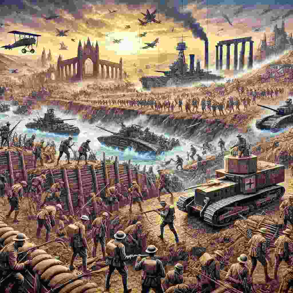 This image illustrates the key battles and strategies of World War 1, featuring scenes of trench warfare on the Western Front, highlights from the Battles of the Marne and Verdun, troop movements on the Eastern Front, and global theaters such as the Gallipoli Campaign and the Arab Revolt. It captures the essence of the war’s significant events and strategies