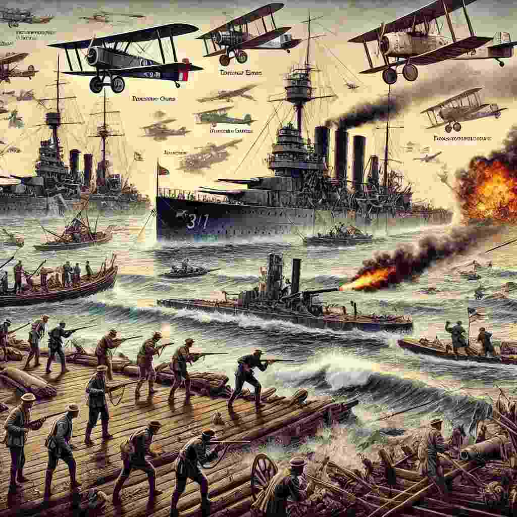 This image captures the essence of naval and aerial warfare during World War 1, showcasing German U-boats, dramatic dogfights, bombing raids, and technological innovations such as tanks, machine guns, and poison gas. It visually represents the transformative impact of these advancements on modern combat.