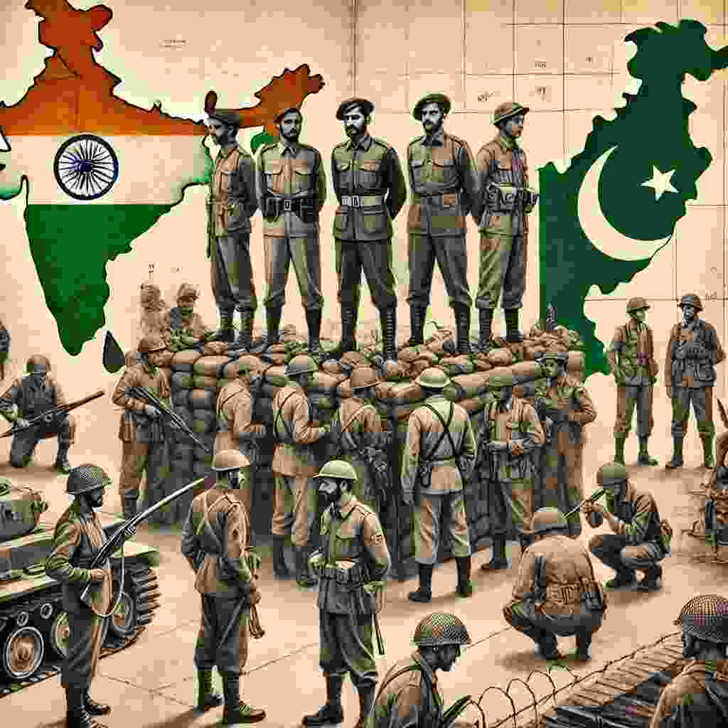 Here is the artistic representation of the early Indian Army after independence in 1947, depicting soldiers facing the challenges of partition. The scene reflects the tension of the time, with the divided map of India and Pakistan in the background.