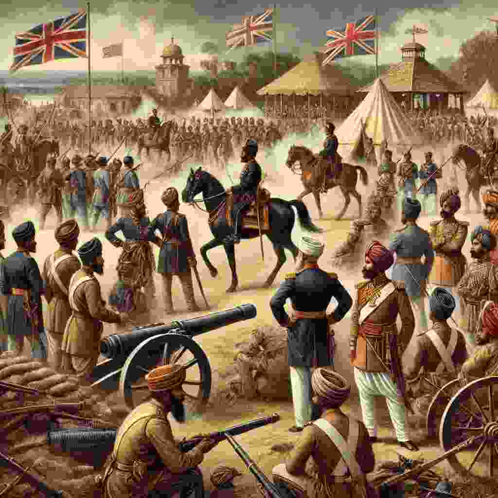 This is an artistic depiction of the East India Company Army during the 19th century. The image portrays Indian sepoys in traditional uniforms alongside British officers, engaged in military training or preparing for battle. The background features a colonial-era military camp with flags, cannons, and tents, symbolizing the integration of European military tactics with Indian soldiers.